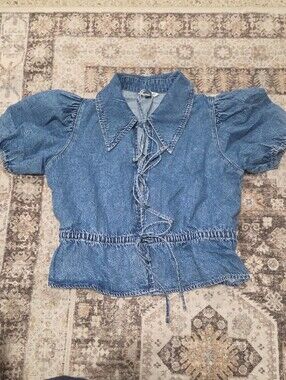 American Eagle Outfitters Blue Denim Lace-Up Peplum Top